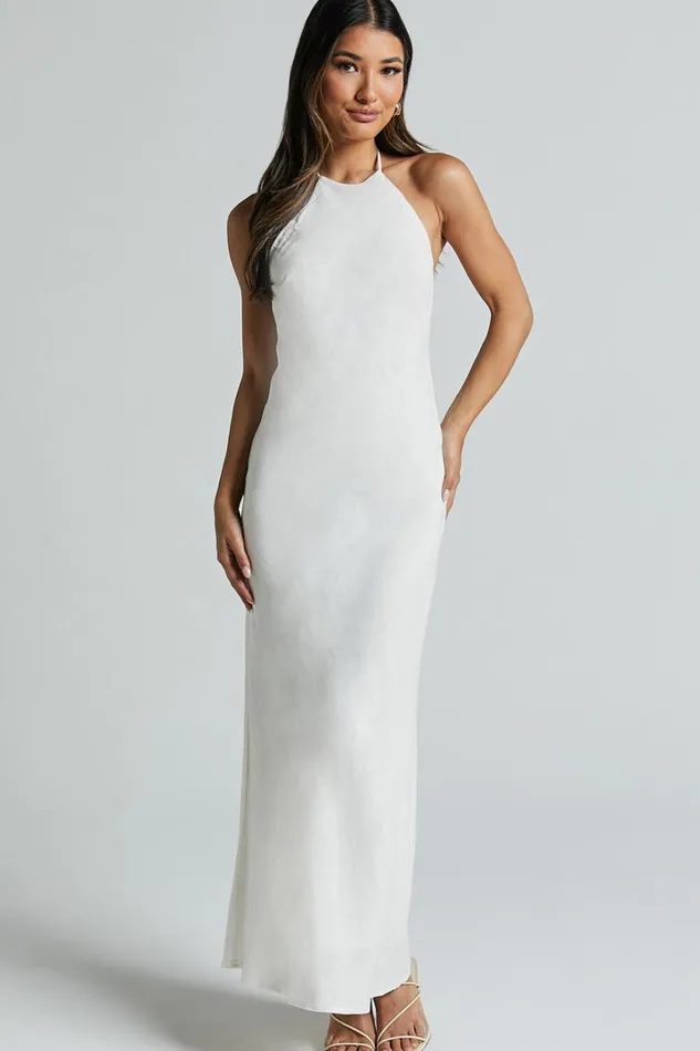 Cyrena Maxi Dress 8211 Linen Look Halter Neck Sleeveless Slip Dress In Off White Women Showpo Dresses