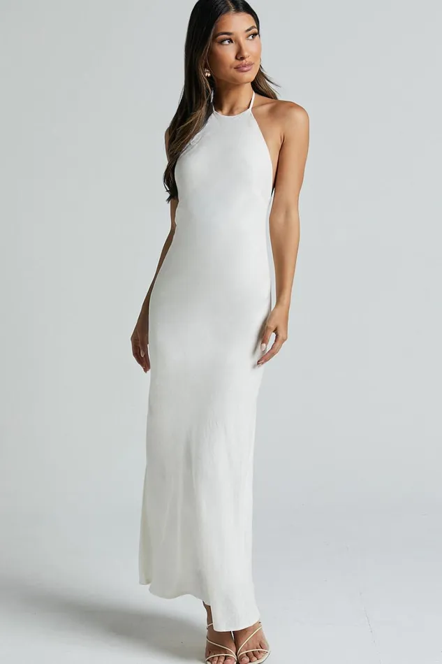 Cyrena Maxi Dress 8211 Linen Look Halter Neck Sleeveless Slip Dress In Off White Women Showpo Dresses
