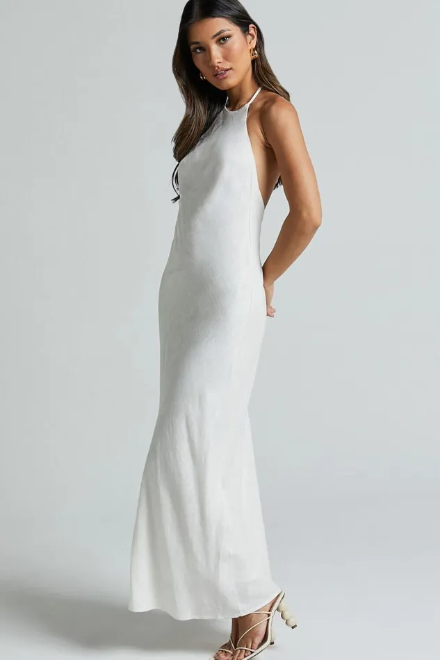 Cyrena Maxi Dress 8211 Linen Look Halter Neck Sleeveless Slip Dress In Off White Women Showpo Dresses