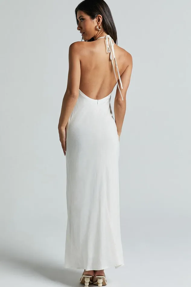 Cyrena Maxi Dress 8211 Linen Look Halter Neck Sleeveless Slip Dress In Off White Women Showpo Dresses