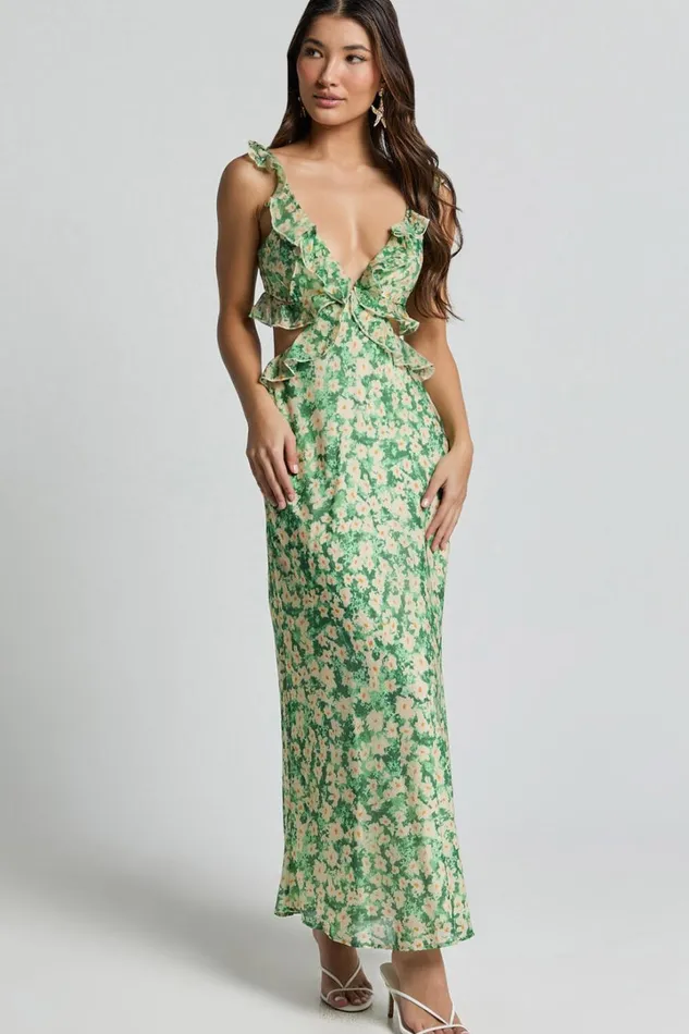 Dahlia Midi Dress 8211 Ruffle Details Slip Dress In Green Floral Women Showpo Dresses