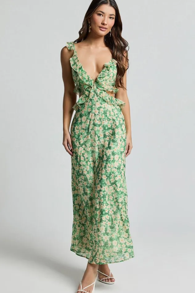 Dahlia Midi Dress 8211 Ruffle Details Slip Dress In Green Floral Women Showpo Dresses