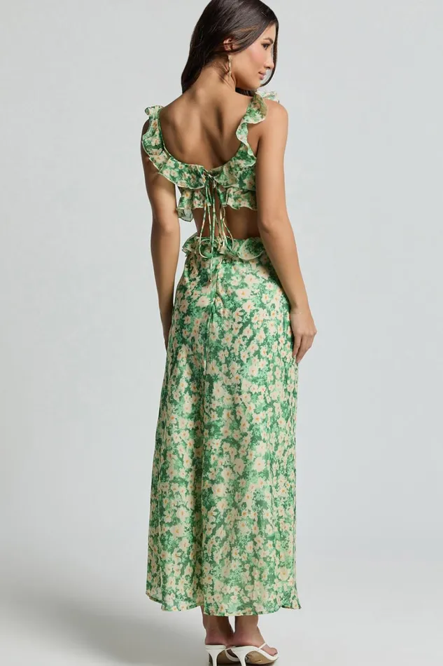 Dahlia Midi Dress 8211 Ruffle Details Slip Dress In Green Floral Women Showpo Dresses