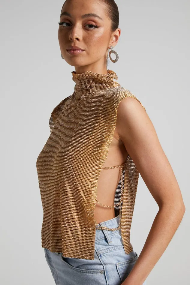 Dalena Top 8211 Sleeveless High Neck Mesh Chainmail Top In Gold Women Showpo Tops