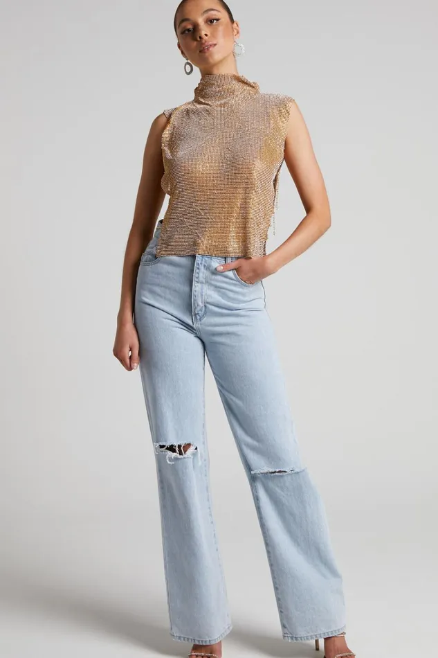 Dalena Top 8211 Sleeveless High Neck Mesh Chainmail Top In Gold Women Showpo Tops