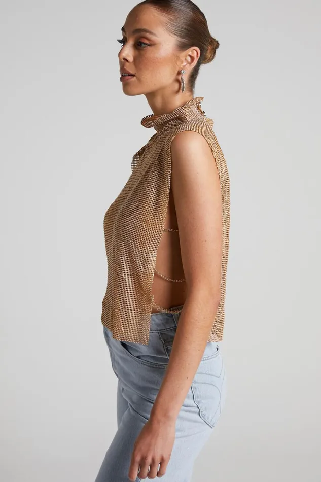 Dalena Top 8211 Sleeveless High Neck Mesh Chainmail Top In Gold Women Showpo Tops