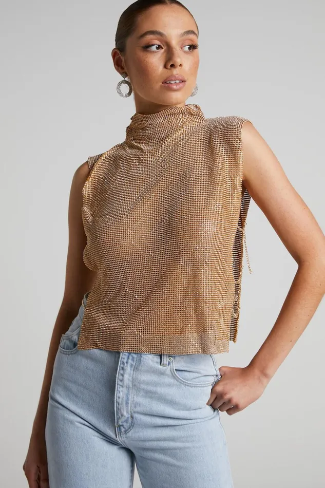 Dalena Top 8211 Sleeveless High Neck Mesh Chainmail Top In Gold Women Showpo Tops