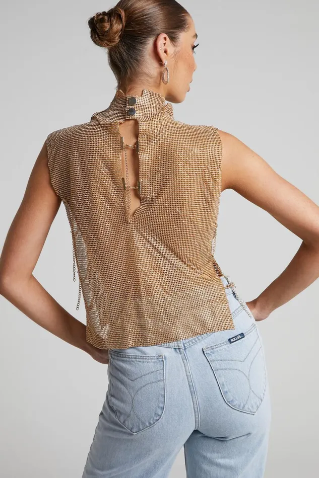 Dalena Top 8211 Sleeveless High Neck Mesh Chainmail Top In Gold Women Showpo Tops