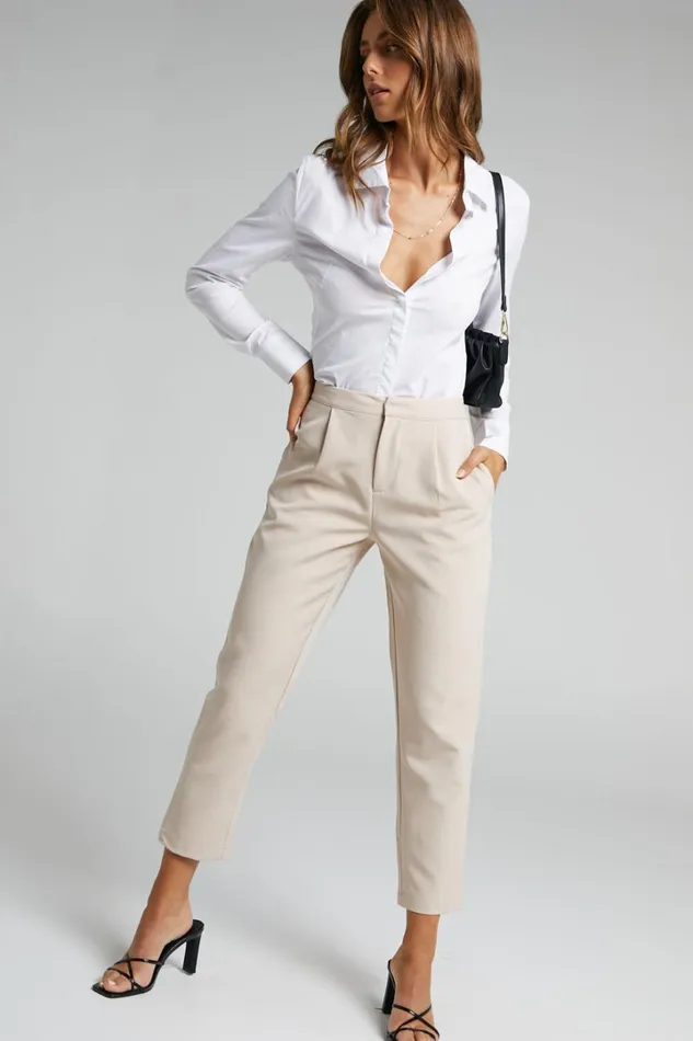 Damika Pants 8211 High Waist Cropped Pin Tuck Pants In Beige Women Showpo Curve Clothes