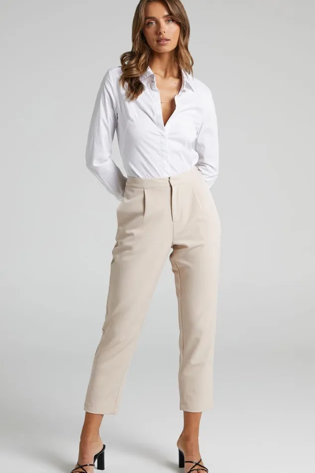 Damika Pants 8211 High Waist Cropped Pin Tuck Pants In Beige Women Showpo Curve Clothes