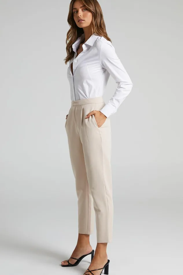 Damika Pants 8211 High Waist Cropped Pin Tuck Pants In Beige Women Showpo Curve Clothes