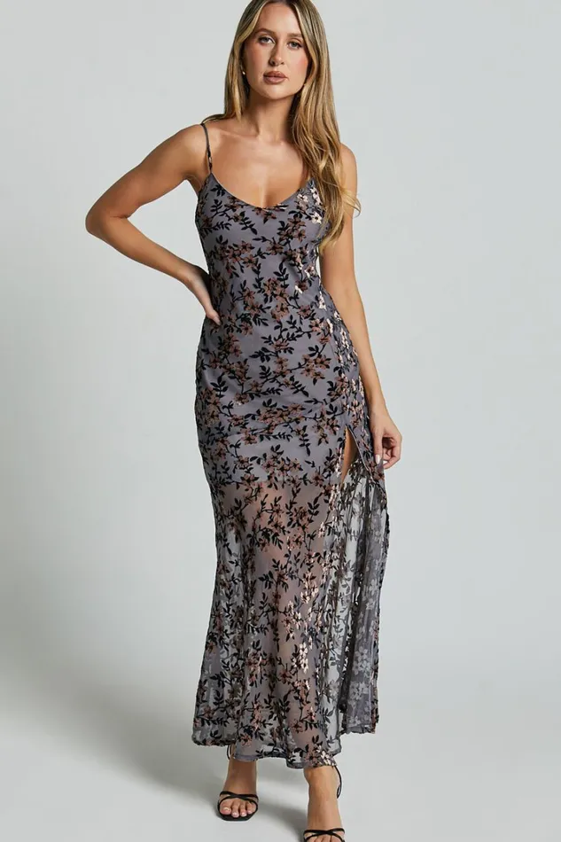 Darlene Midi Dress 8211 Velvet Burnout Slip Cami Dress In Grey Women Showpo Dresses