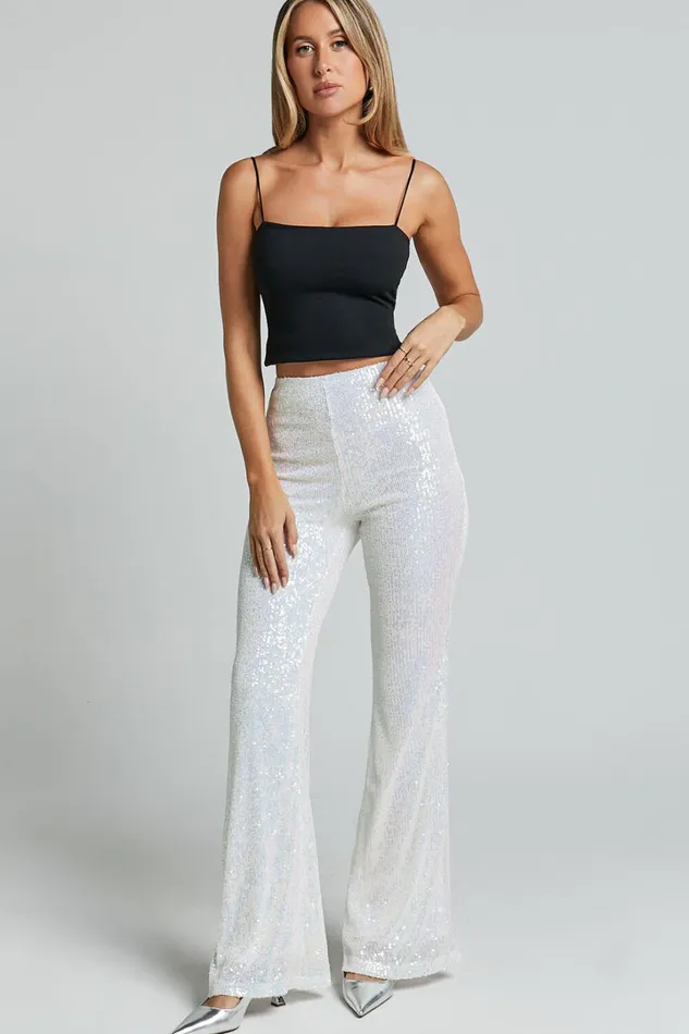 Deliza Pants 8211 Mid Waisted Sequin Flare Pants In Iridescent White Women Showpo Pants