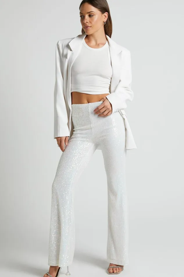Deliza Pants 8211 Mid Waisted Sequin Flare Pants In Iridescent White Women Showpo Pants