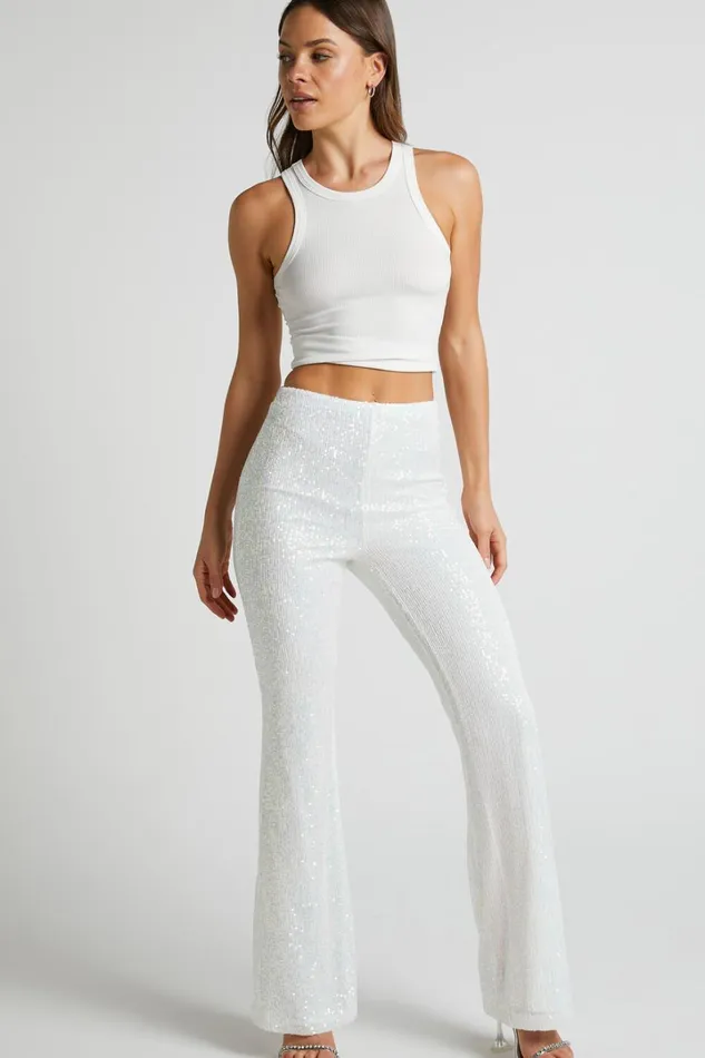 Deliza Pants 8211 Mid Waisted Sequin Flare Pants In Iridescent White Women Showpo Pants