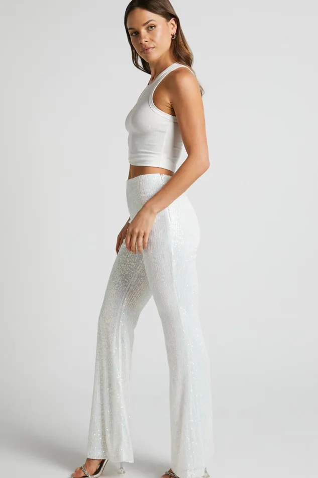 Deliza Pants 8211 Mid Waisted Sequin Flare Pants In Iridescent White Women Showpo Pants