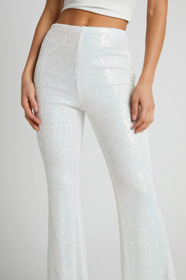 Deliza Pants 8211 Mid Waisted Sequin Flare Pants In Iridescent White Women Showpo Pants