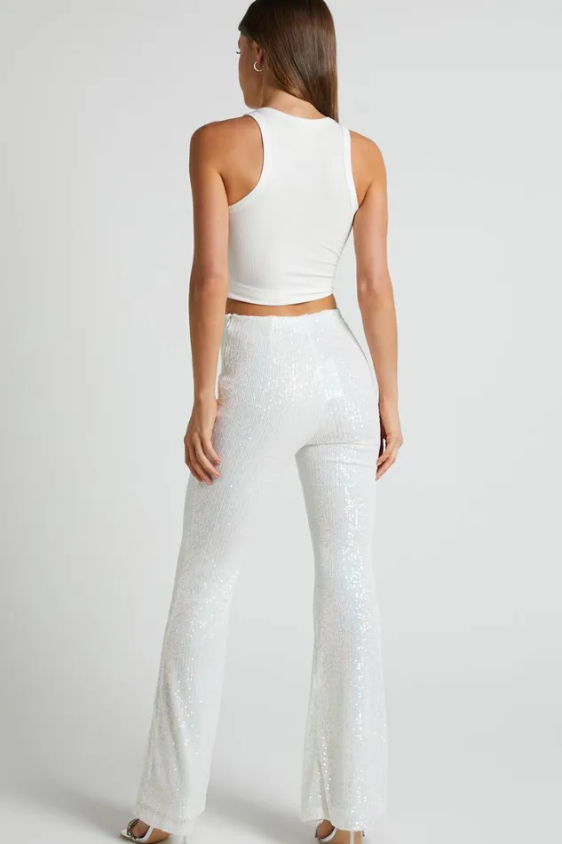 Deliza Pants 8211 Mid Waisted Sequin Flare Pants In Iridescent White Women Showpo Pants