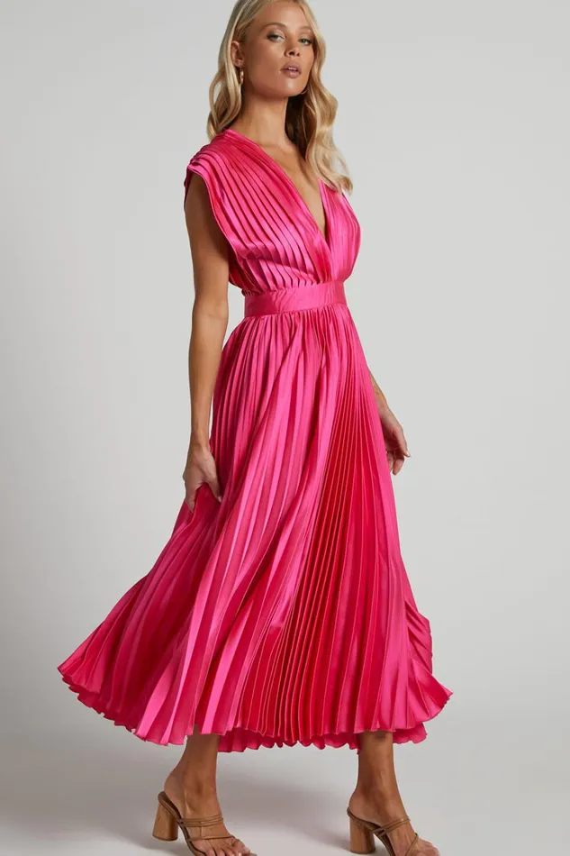 Della Midi Dress 8211 Plunge Neck Short Sleeve Pleated Dress In Hot Pink Women Showpo Dresses Della Midi Dress 8211 Plunge Neck Short Sleeve Pleated Dress In Hot Pink Women Showpo Dresses