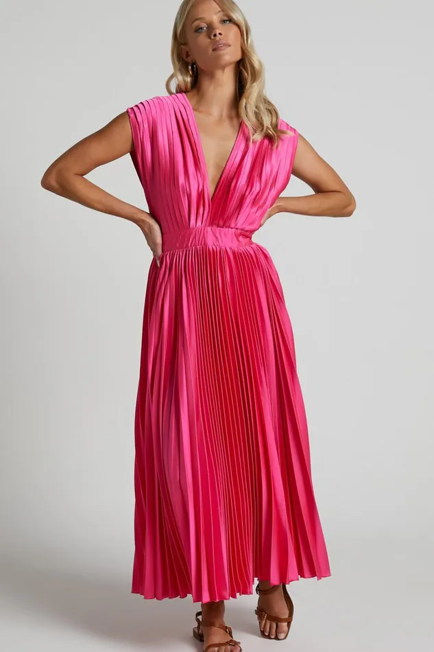 Della Midi Dress 8211 Plunge Neck Short Sleeve Pleated Dress In Hot Pink Women Showpo Dresses Della Midi Dress 8211 Plunge Neck Short Sleeve Pleated Dress In Hot Pink Women Showpo Dresses