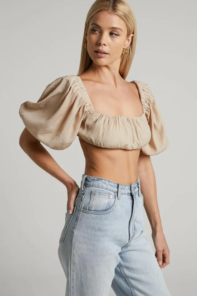 Dhalia Top 8211 Ruched Puff Sleeve Crop Top In Sand Women Showpo Curve Clothes