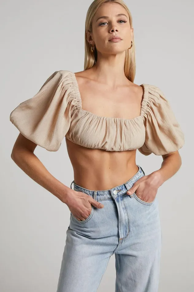 Dhalia Top 8211 Ruched Puff Sleeve Crop Top In Sand Women Showpo Curve Clothes