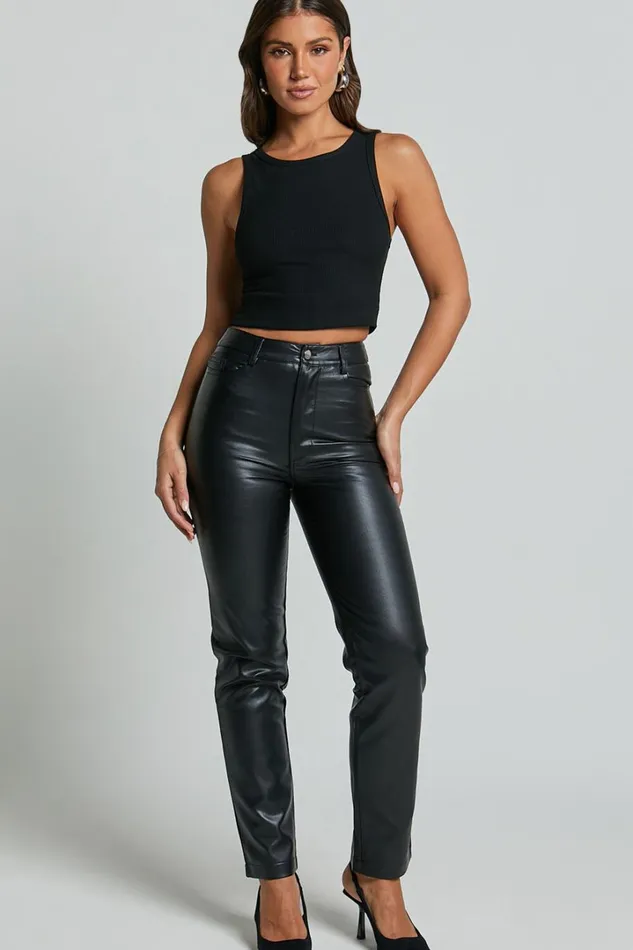 Dilyene Pants 8211 Mid Waist Straight Leg Faux Leather Pants In Black Women Showpo Curve Clothes