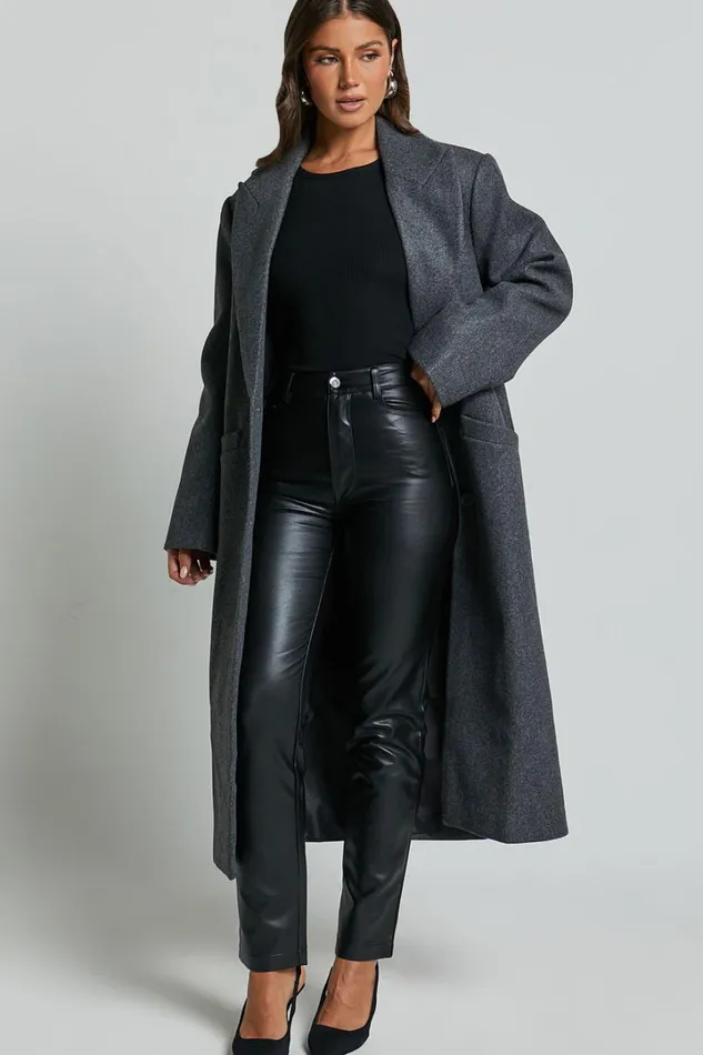 Dilyene Pants 8211 Mid Waist Straight Leg Faux Leather Pants In Black Women Showpo Curve Clothes