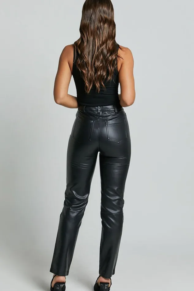 Dilyene Pants 8211 Mid Waist Straight Leg Faux Leather Pants In Black Women Showpo Curve Clothes
