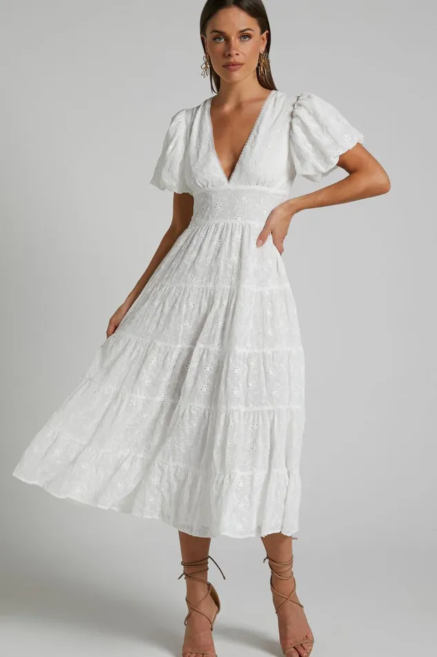 Divora Midi Dress 8211 Plunge Balloon Sleeve Tiered Dress In Ivory Women Showpo Curve Clothes