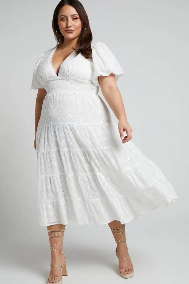 Divora Midi Dress 8211 Plunge Balloon Sleeve Tiered Dress In Ivory Women Showpo Curve Clothes