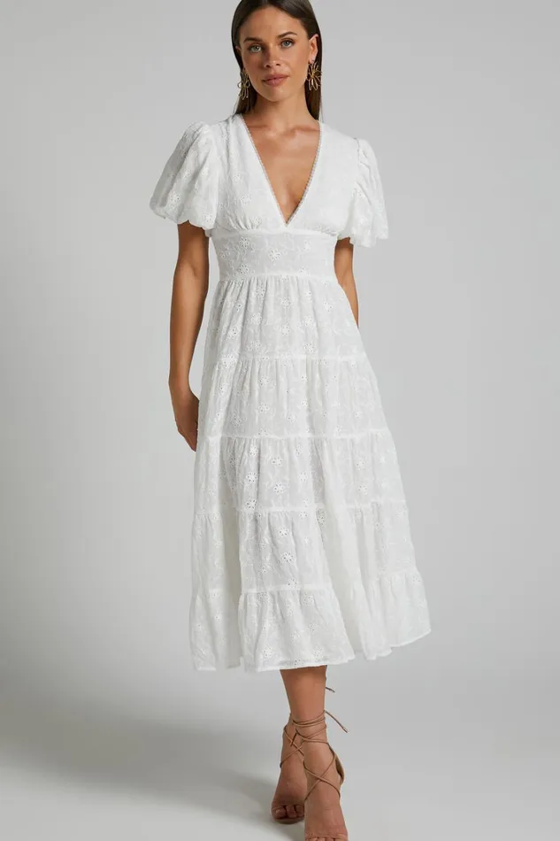 Divora Midi Dress 8211 Plunge Balloon Sleeve Tiered Dress In Ivory Women Showpo Curve Clothes