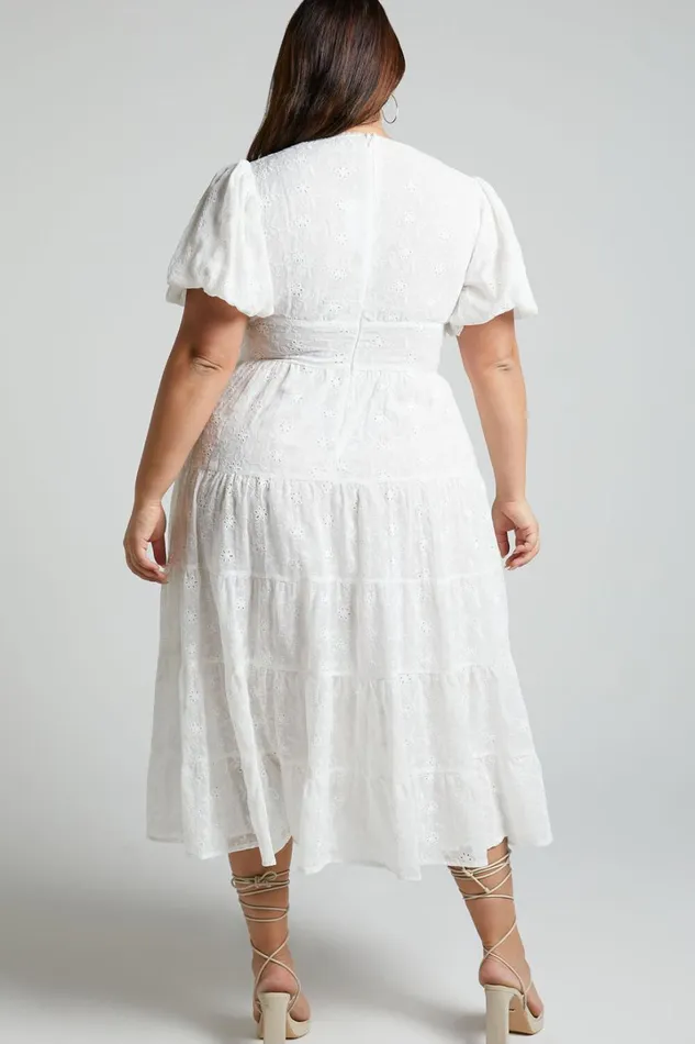 Divora Midi Dress 8211 Plunge Balloon Sleeve Tiered Dress In Ivory Women Showpo Curve Clothes
