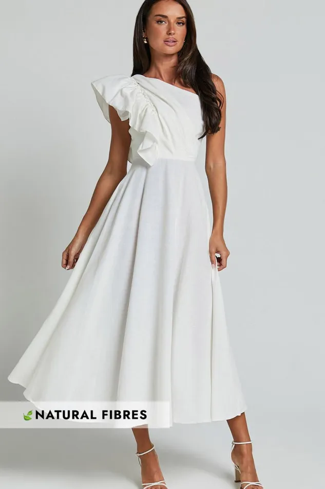 Dixie Midi Dress 8211 Linen Look One Shoulder Ruffle Dress In White Women Showpo Conscious Dixie Midi Dress 8211 Linen Look One Shoulder Ruffle Dress In White Women Showpo Conscious