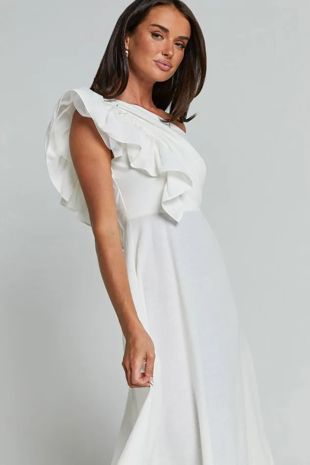 Dixie Midi Dress 8211 Linen Look One Shoulder Ruffle Dress In White Women Showpo Conscious