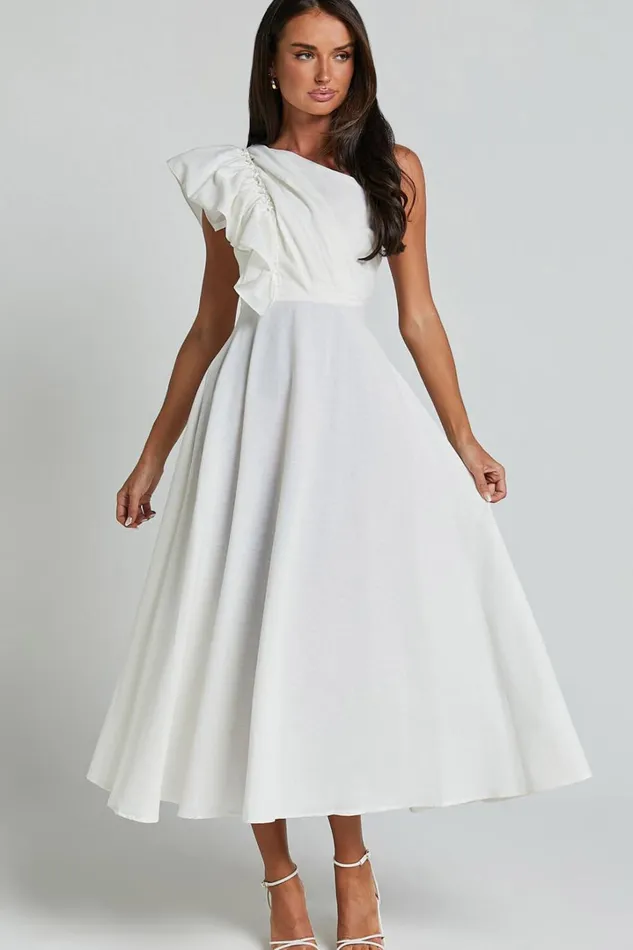 Dixie Midi Dress 8211 Linen Look One Shoulder Ruffle Dress In White Women Showpo Conscious