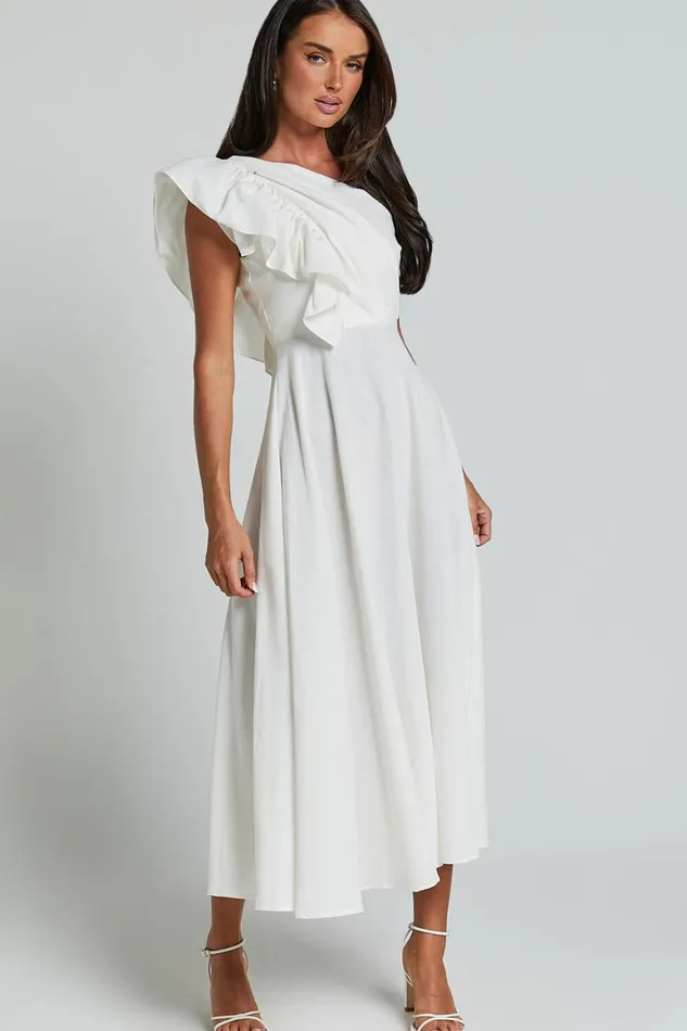 Dixie Midi Dress 8211 Linen Look One Shoulder Ruffle Dress In White Women Showpo Conscious