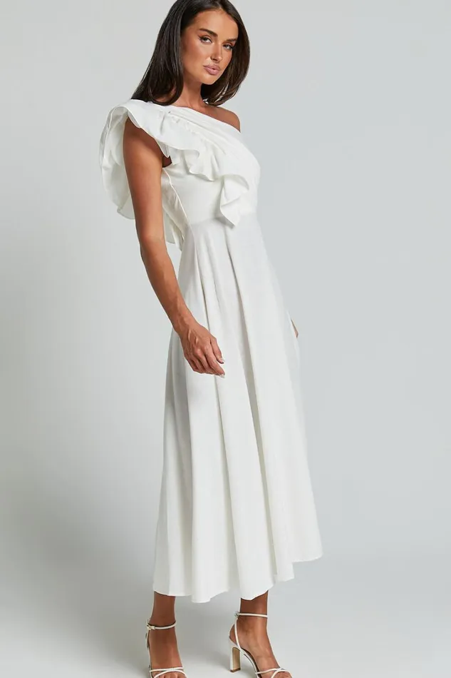 Dixie Midi Dress 8211 Linen Look One Shoulder Ruffle Dress In White Women Showpo Conscious