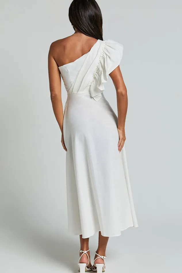 Dixie Midi Dress 8211 Linen Look One Shoulder Ruffle Dress In White Women Showpo Conscious