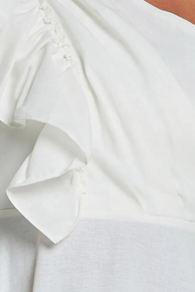 Dixie Midi Dress 8211 Linen Look One Shoulder Ruffle Dress In White Women Showpo Conscious