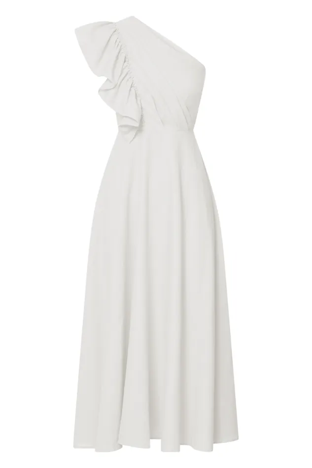 Dixie Midi Dress 8211 Linen Look One Shoulder Ruffle Dress In White Women Showpo Conscious