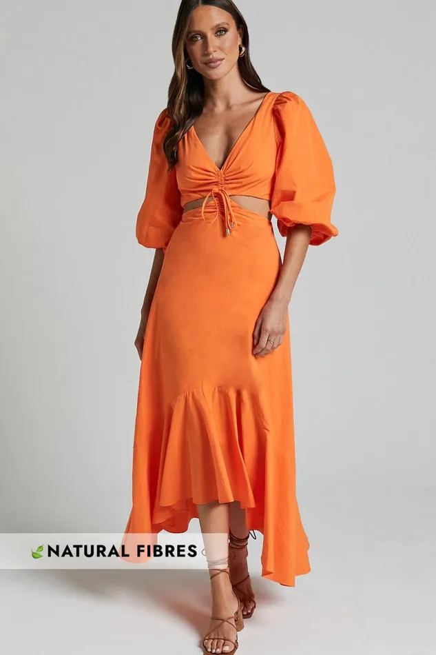 Djibouti Midi Dress 8211 Puff Sleeve Cut Out Dress In Orange Women Showpo Dresses