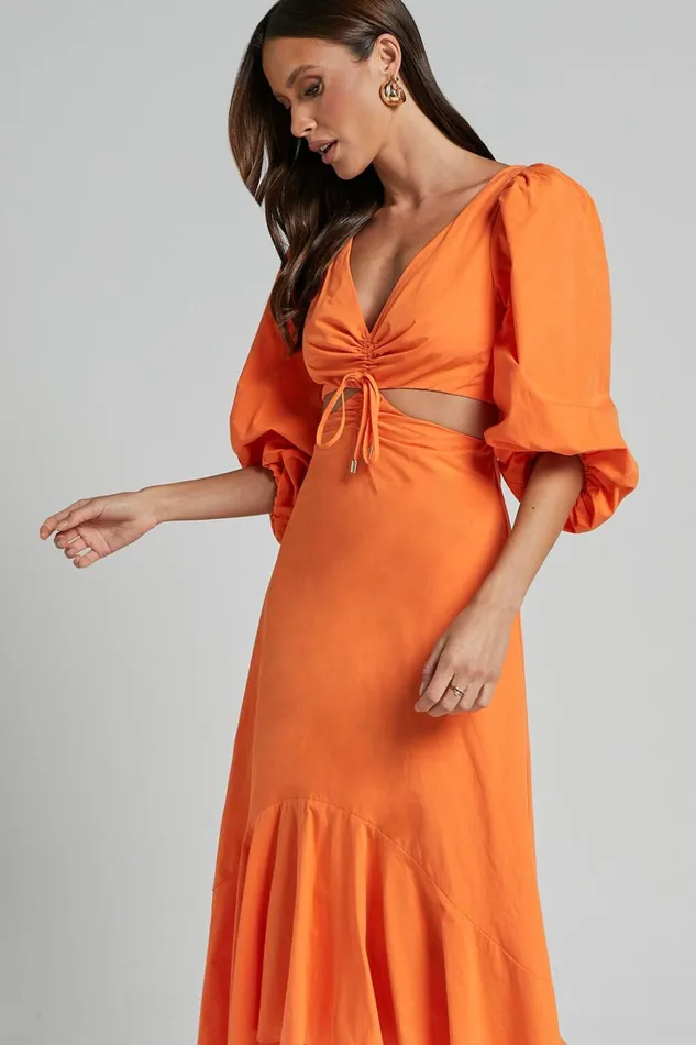 Djibouti Midi Dress 8211 Puff Sleeve Cut Out Dress In Orange Women Showpo Dresses