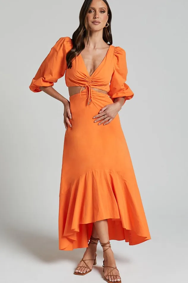 Djibouti Midi Dress 8211 Puff Sleeve Cut Out Dress In Orange Women Showpo Dresses