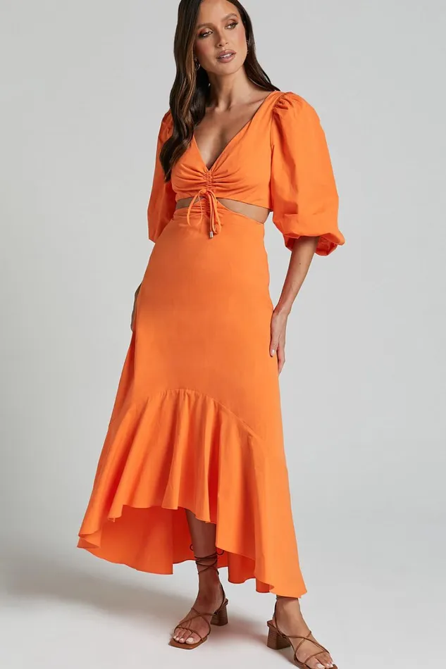 Djibouti Midi Dress 8211 Puff Sleeve Cut Out Dress In Orange Women Showpo Dresses