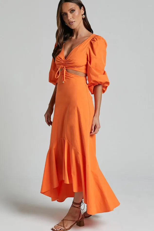 Djibouti Midi Dress 8211 Puff Sleeve Cut Out Dress In Orange Women Showpo Dresses