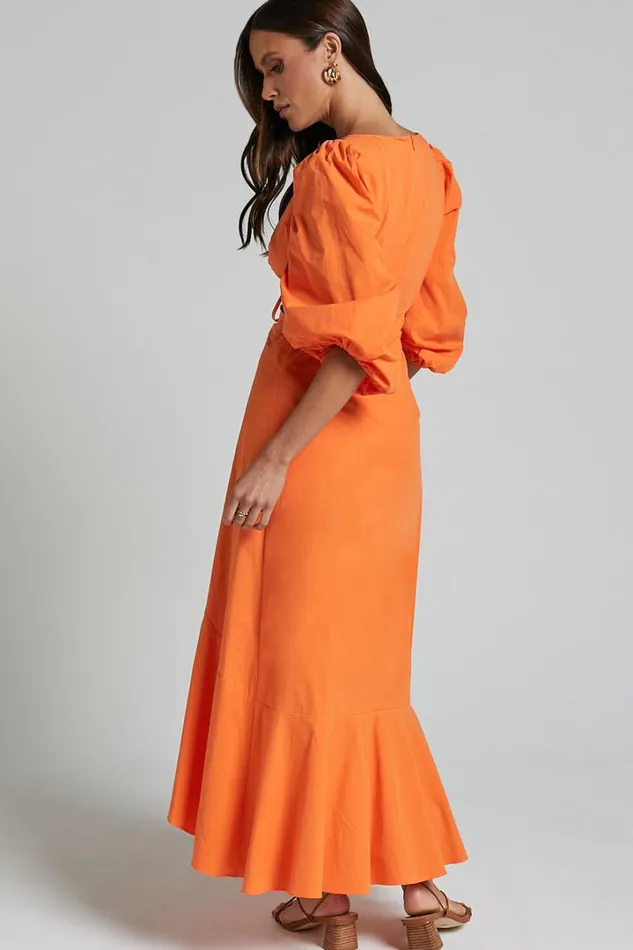 Djibouti Midi Dress 8211 Puff Sleeve Cut Out Dress In Orange Women Showpo Dresses