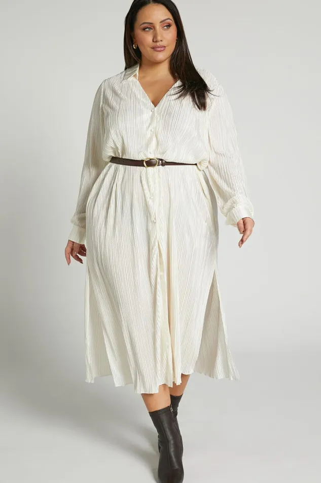 Donelli Midi Dress 8211 Plisse Oversized Collared Shirt Dress In Cream Women Showpo Curve Clothes