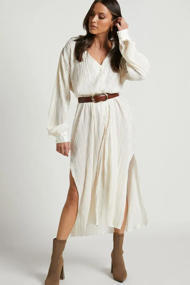 Donelli Midi Dress 8211 Plisse Oversized Collared Shirt Dress In Cream Women Showpo Curve Clothes