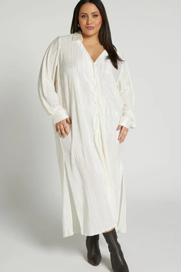 Donelli Midi Dress 8211 Plisse Oversized Collared Shirt Dress In Cream Women Showpo Curve Clothes
